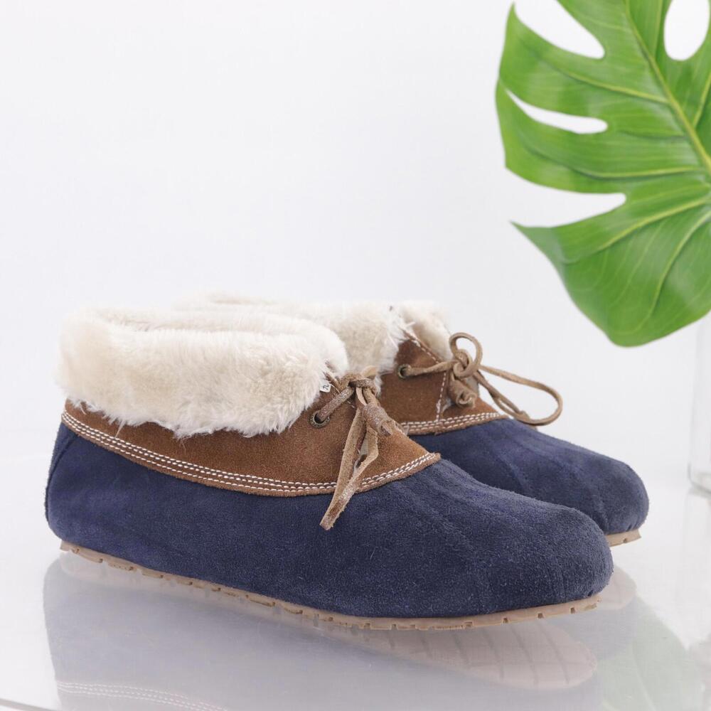 Sperry Womens Elayna Slipper Boot Size 9 Blue Suede Tan Sherpa Furry Bootie Shoe